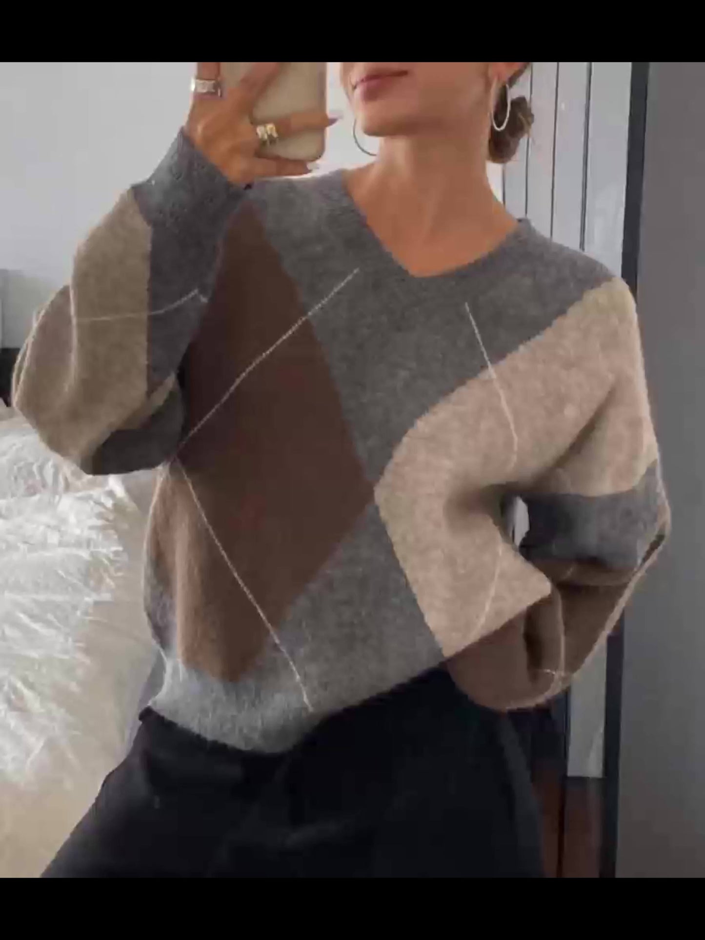 Pull ample à carreaux – Manches longues, col rond