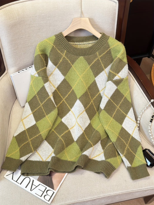 Pull style lazy à motif losanges – Rétro ample