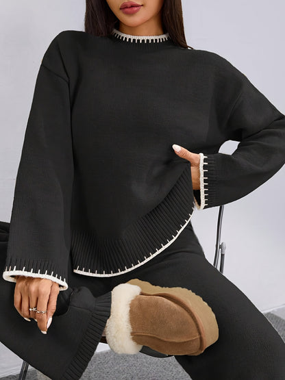 Pull-over ample à col rond contrasté et pantalon uni
