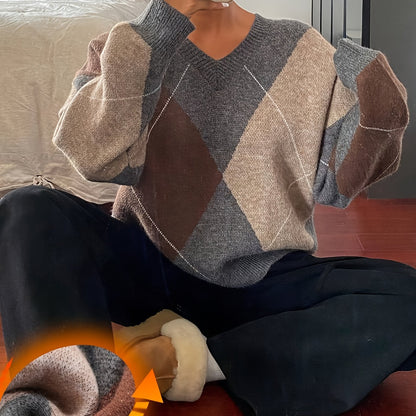 Pull ample à carreaux – Manches longues, col rond