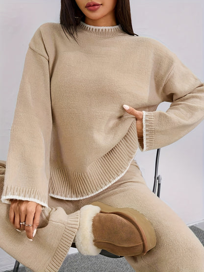 Pull-over ample à col rond contrasté et pantalon uni