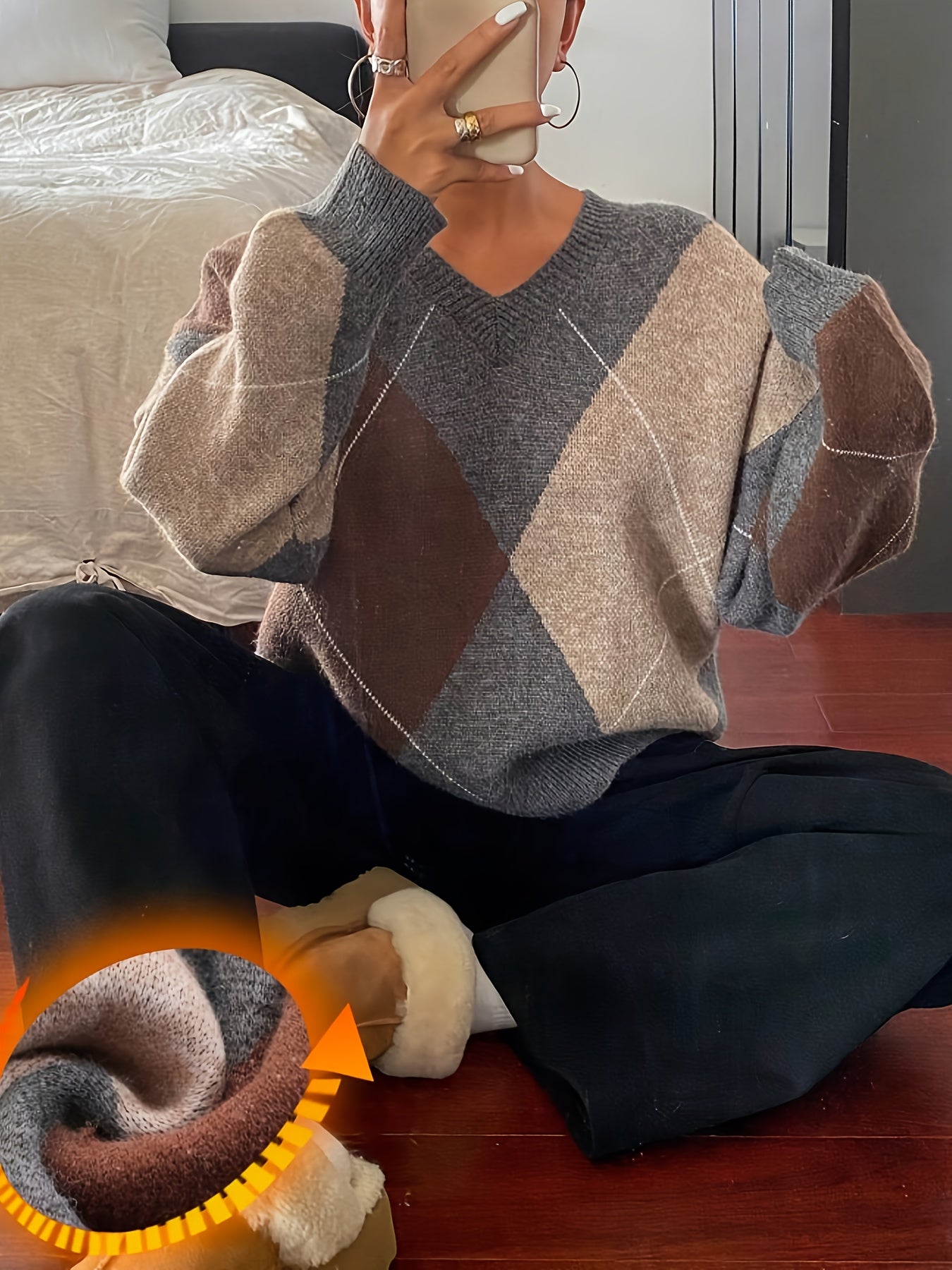 Pull ample à carreaux – Manches longues, col rond