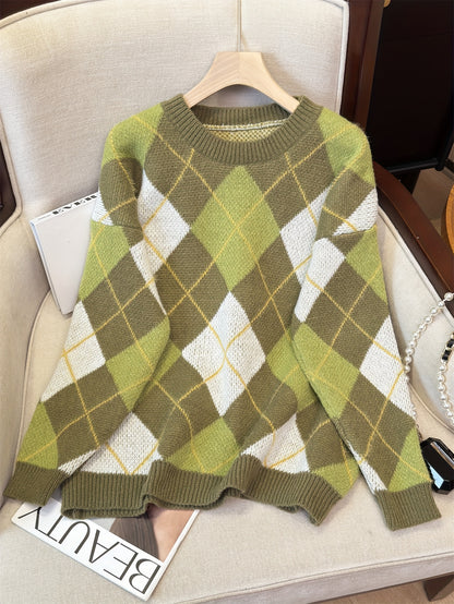 Pull style lazy à motif losanges – Rétro ample