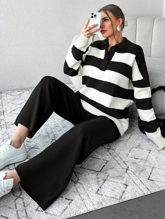 Ensemble Tricot Rayé À Moitié Boutonné Et Pantalon À Jambes Larges - Floorah