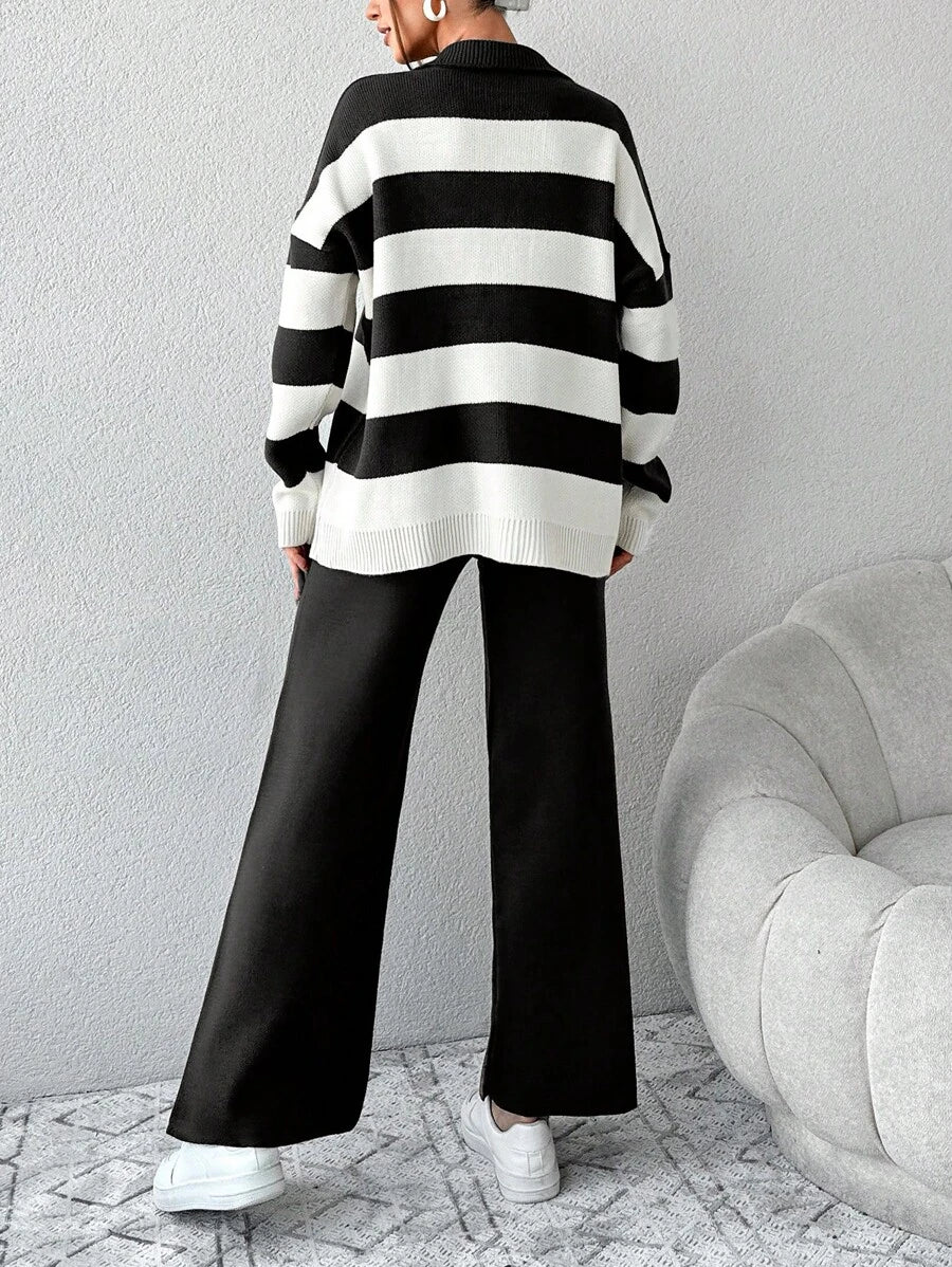 Ensemble Tricot Rayé À Moitié Boutonné Et Pantalon À Jambes Larges - Floorah