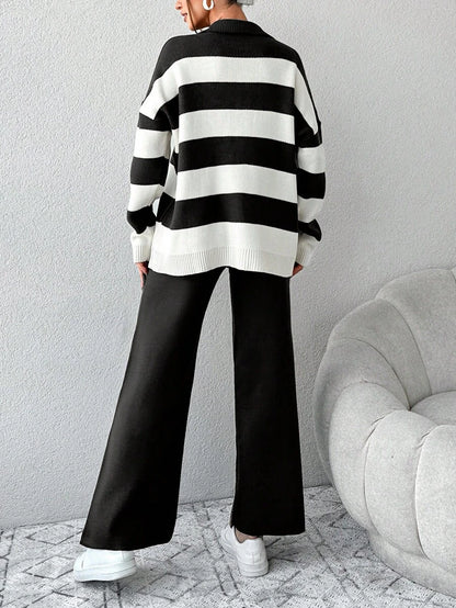 Ensemble Tricot Rayé À Moitié Boutonné Et Pantalon À Jambes Larges - Floorah