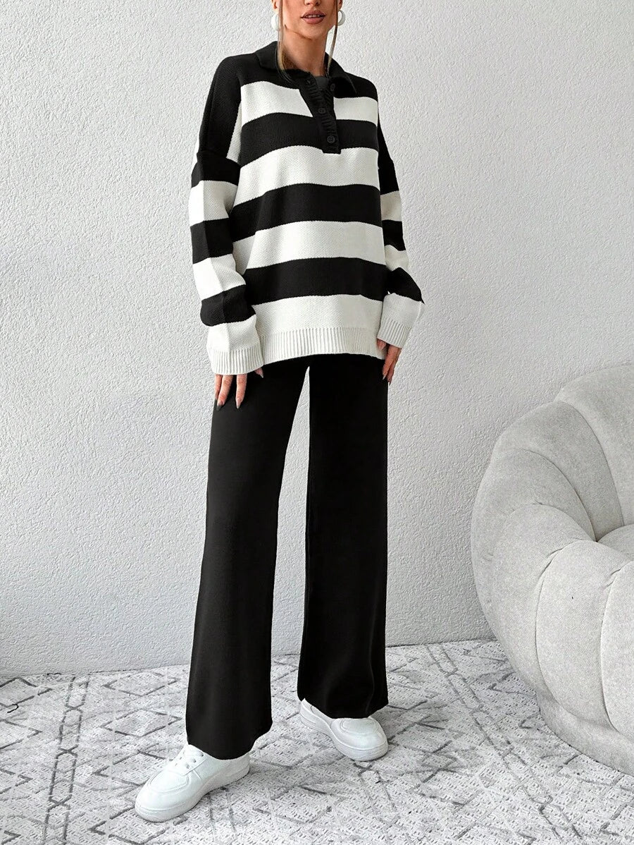 Ensemble Tricot Rayé À Moitié Boutonné Et Pantalon À Jambes Larges - Floorah