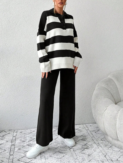 Ensemble Tricot Rayé À Moitié Boutonné Et Pantalon À Jambes Larges - Floorah