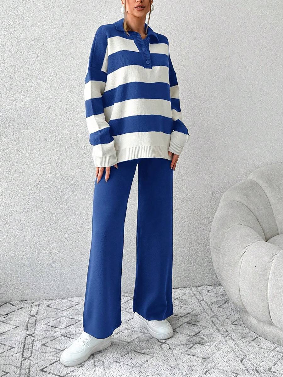 Ensemble Tricot Rayé À Moitié Boutonné Et Pantalon À Jambes Larges - Floorah