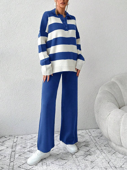Ensemble Tricot Rayé À Moitié Boutonné Et Pantalon À Jambes Larges - Floorah
