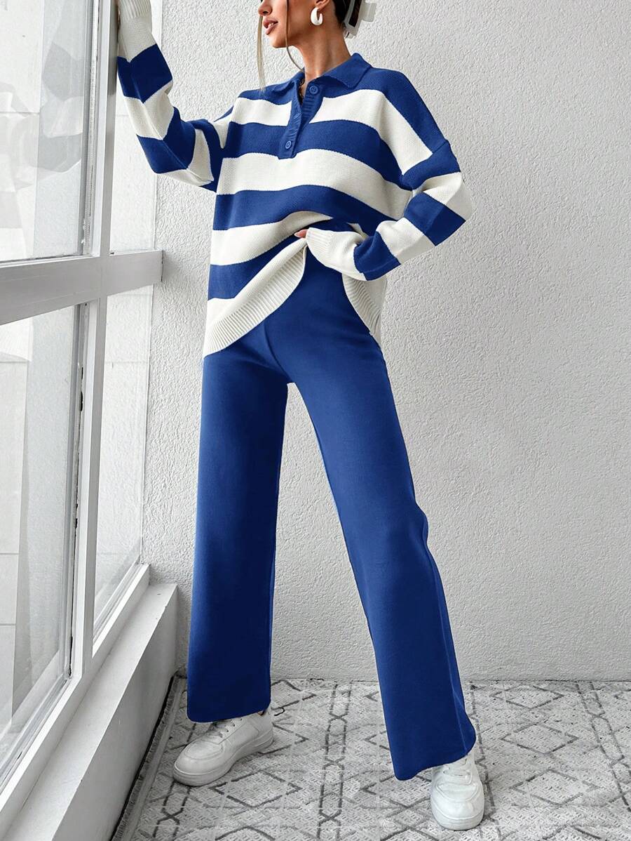Ensemble Tricot Rayé À Moitié Boutonné Et Pantalon À Jambes Larges - Floorah