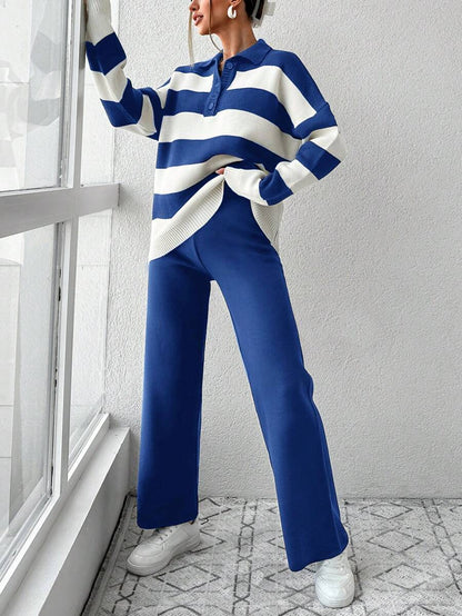 Ensemble Tricot Rayé À Moitié Boutonné Et Pantalon À Jambes Larges - Floorah