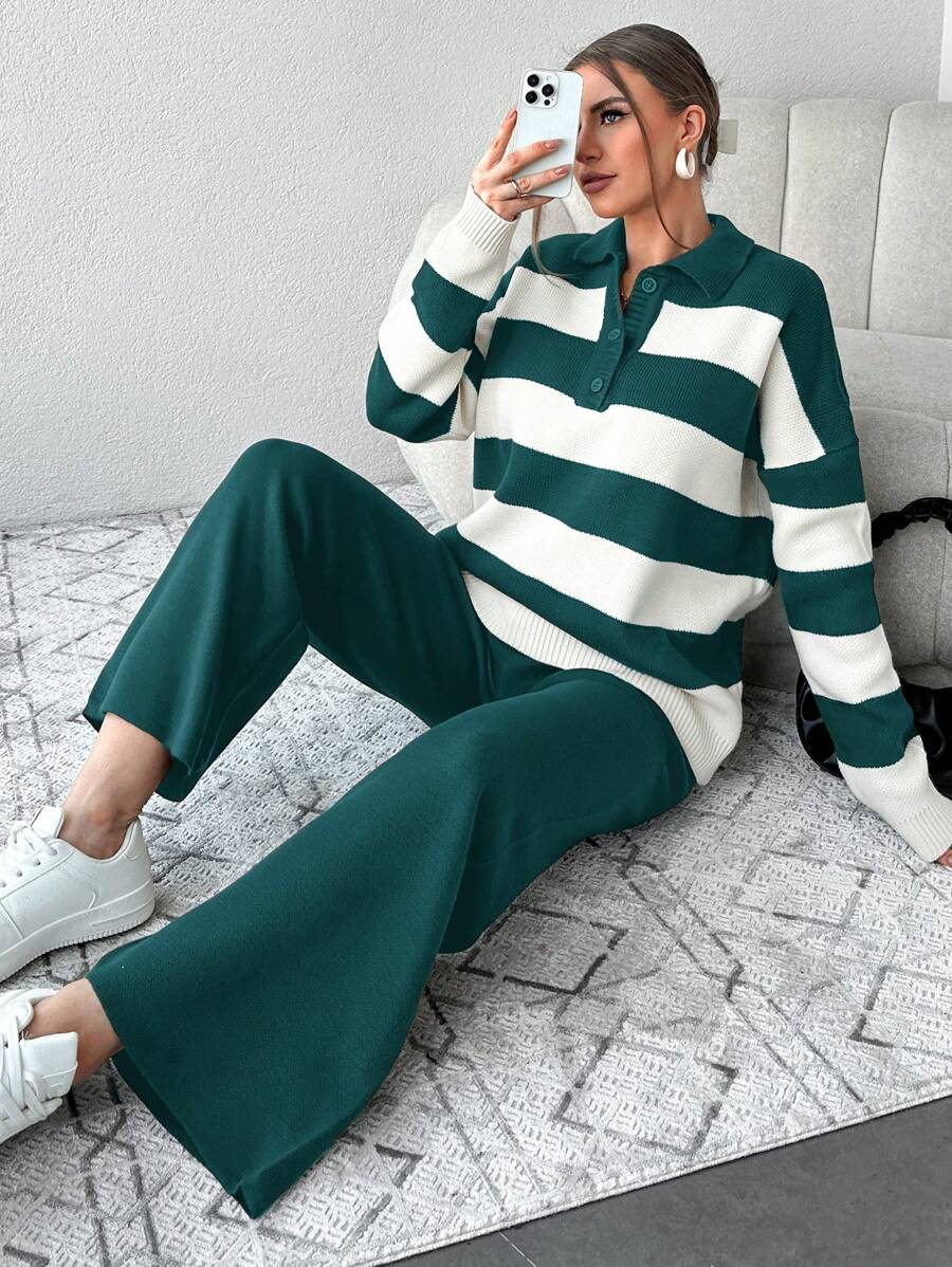 Ensemble Tricot Rayé À Moitié Boutonné Et Pantalon À Jambes Larges - Floorah