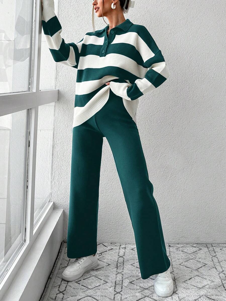 Ensemble Tricot Rayé À Moitié Boutonné Et Pantalon À Jambes Larges - Floorah