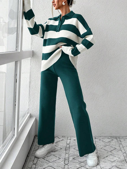 Ensemble Tricot Rayé À Moitié Boutonné Et Pantalon À Jambes Larges - Floorah