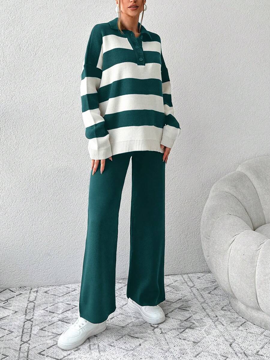 Ensemble Tricot Rayé À Moitié Boutonné Et Pantalon À Jambes Larges - Floorah