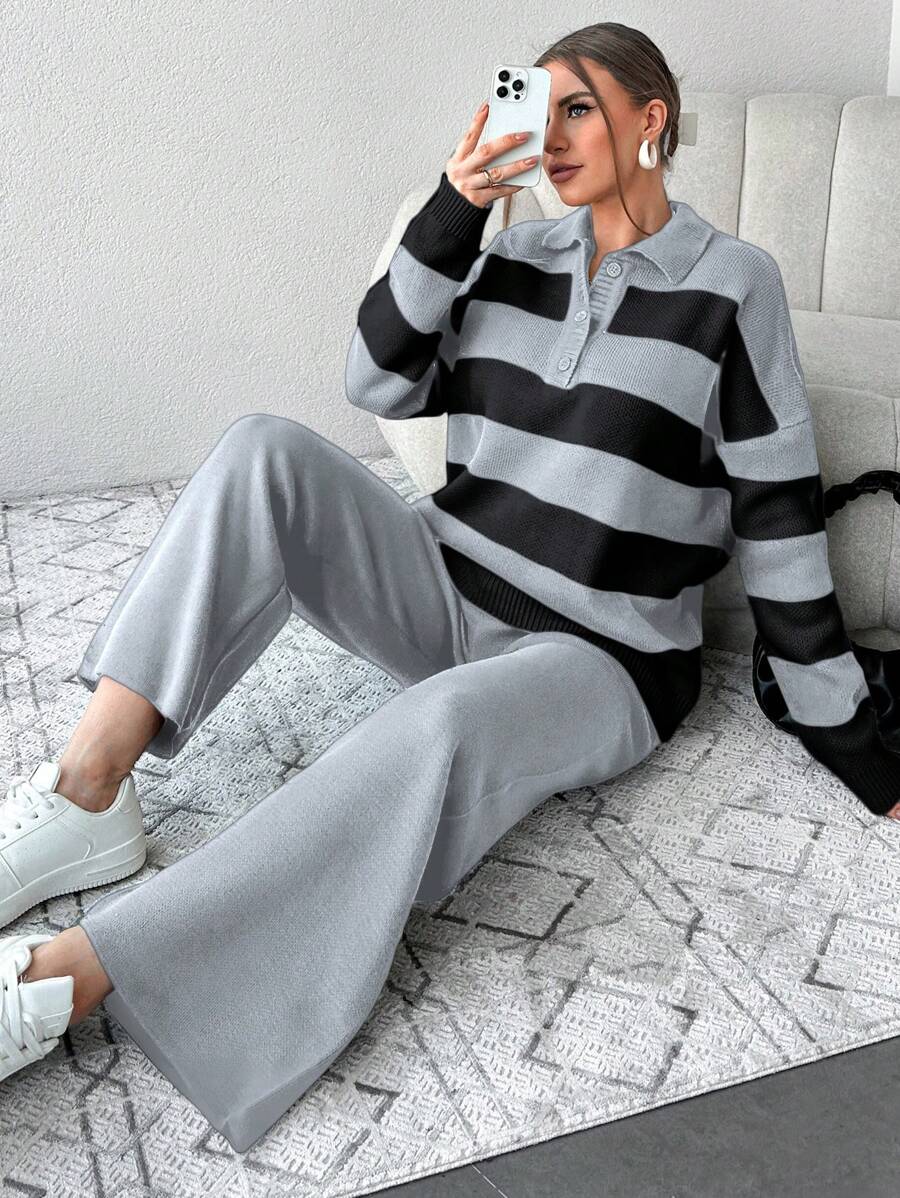 Ensemble Tricot Rayé À Moitié Boutonné Et Pantalon À Jambes Larges - Floorah