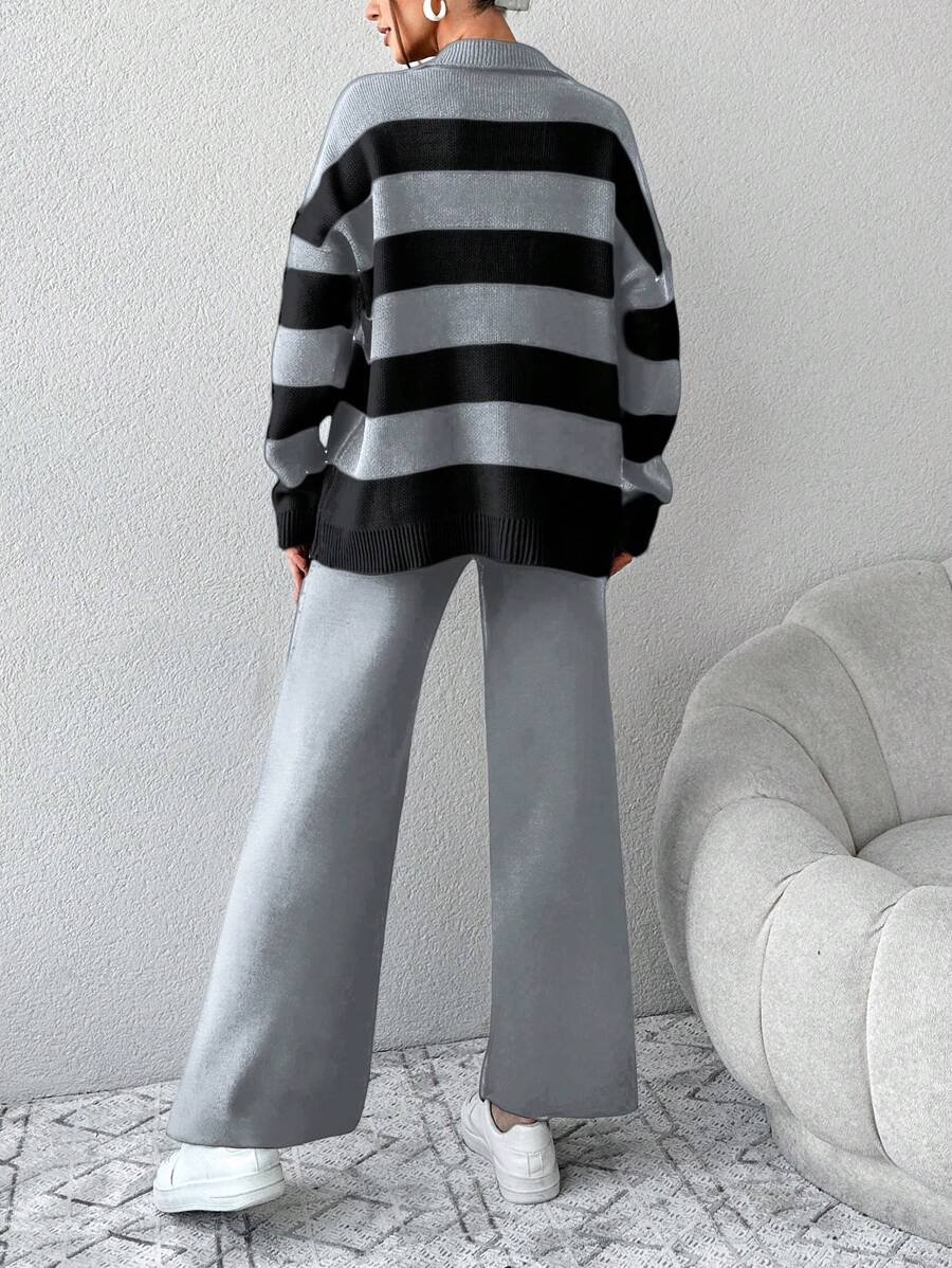 Ensemble Tricot Rayé À Moitié Boutonné Et Pantalon À Jambes Larges - Floorah