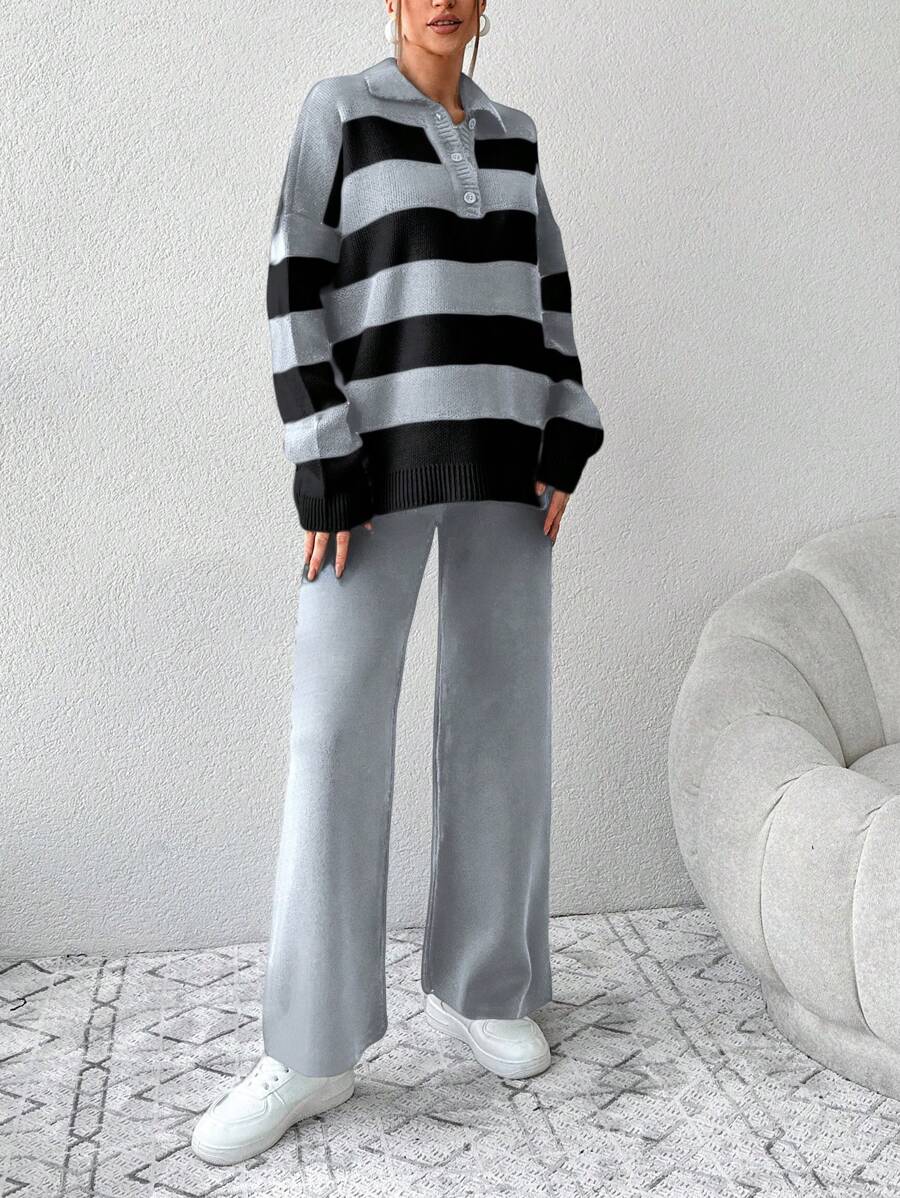 Ensemble Tricot Rayé À Moitié Boutonné Et Pantalon À Jambes Larges - Floorah