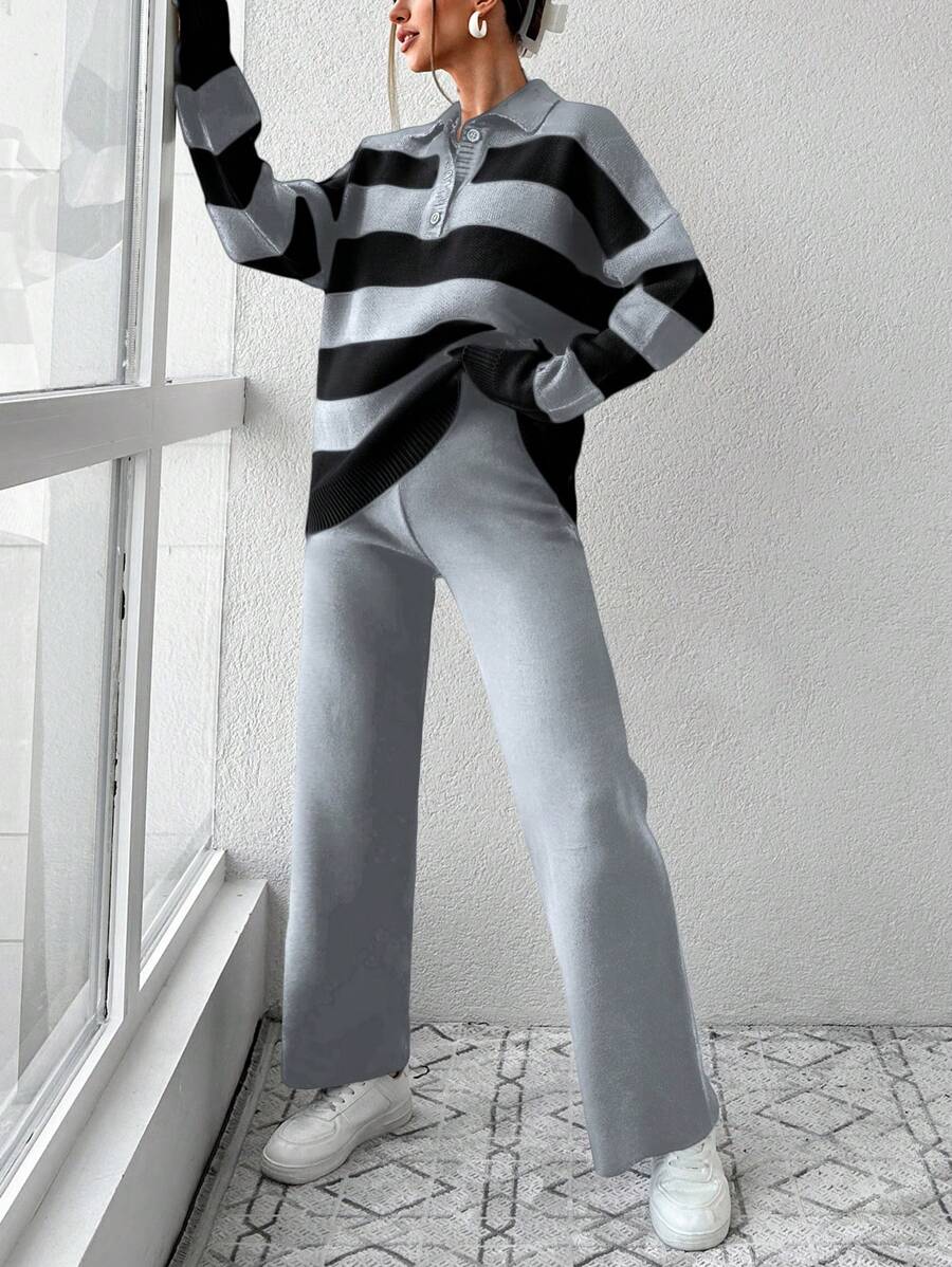 Ensemble Tricot Rayé À Moitié Boutonné Et Pantalon À Jambes Larges - Floorah