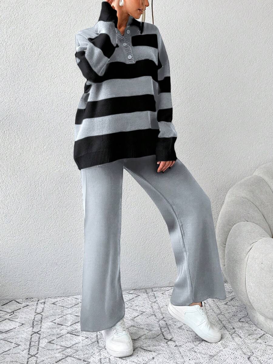 Ensemble Tricot Rayé À Moitié Boutonné Et Pantalon À Jambes Larges - Floorah