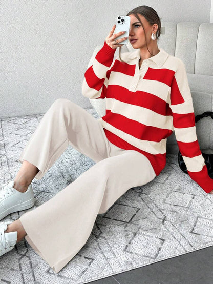 Ensemble Tricot Rayé À Moitié Boutonné Et Pantalon À Jambes Larges - Floorah