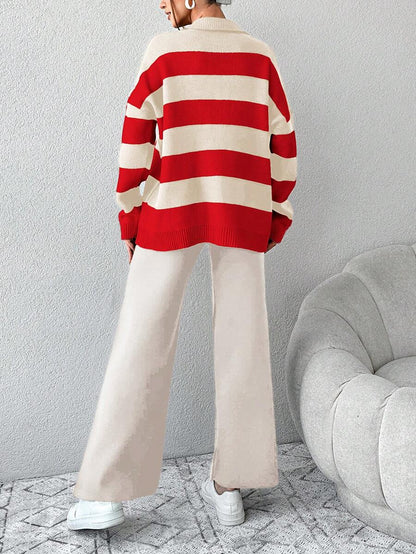 Ensemble Tricot Rayé À Moitié Boutonné Et Pantalon À Jambes Larges - Floorah