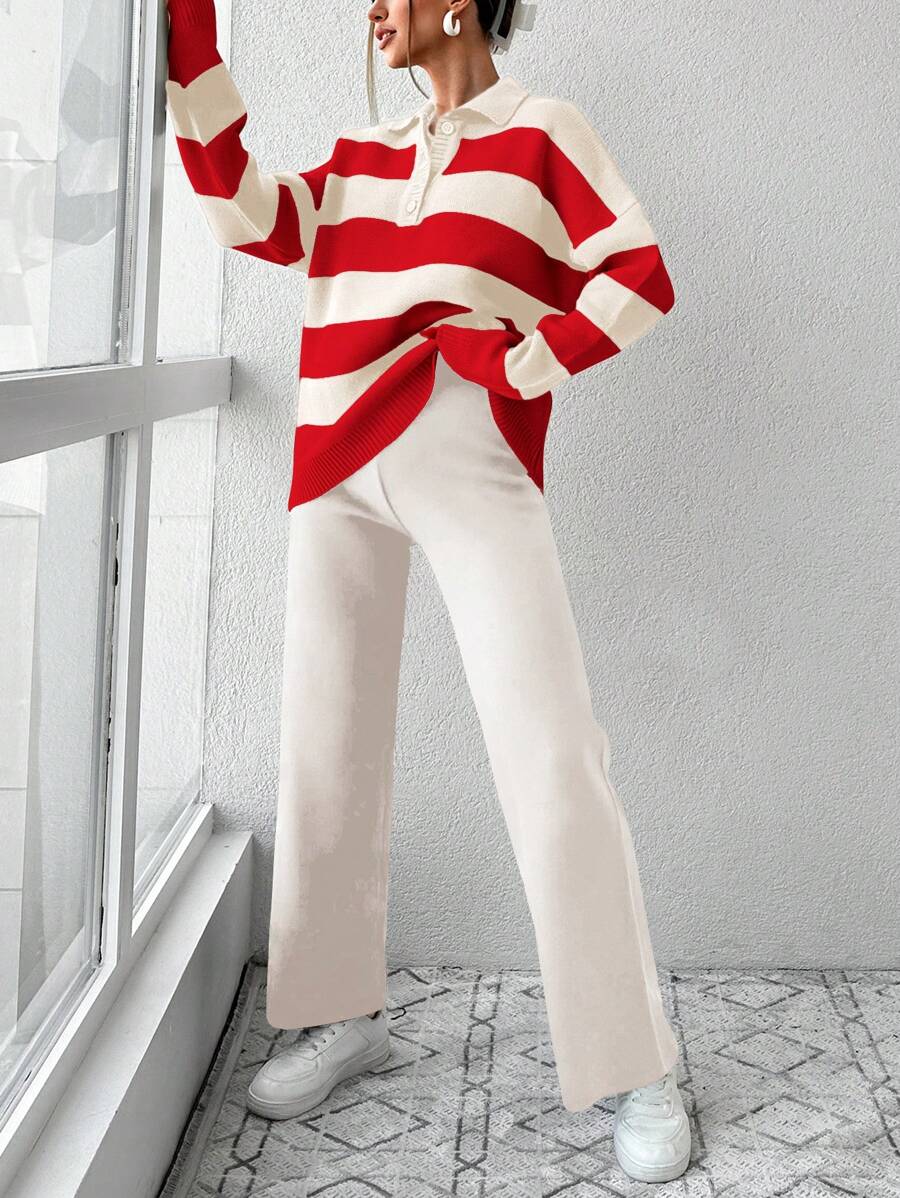 Ensemble Tricot Rayé À Moitié Boutonné Et Pantalon À Jambes Larges - Floorah