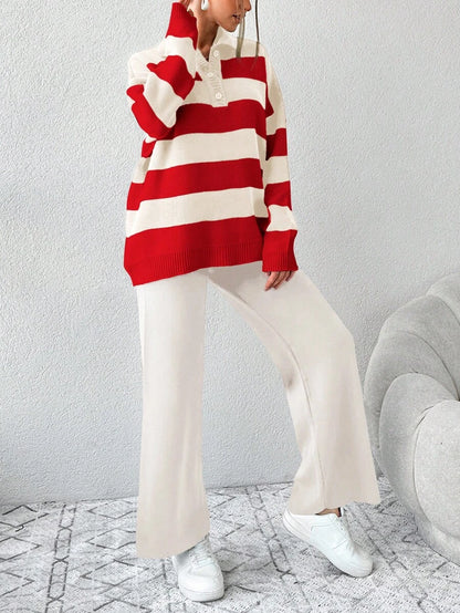 Ensemble Tricot Rayé À Moitié Boutonné Et Pantalon À Jambes Larges - Floorah