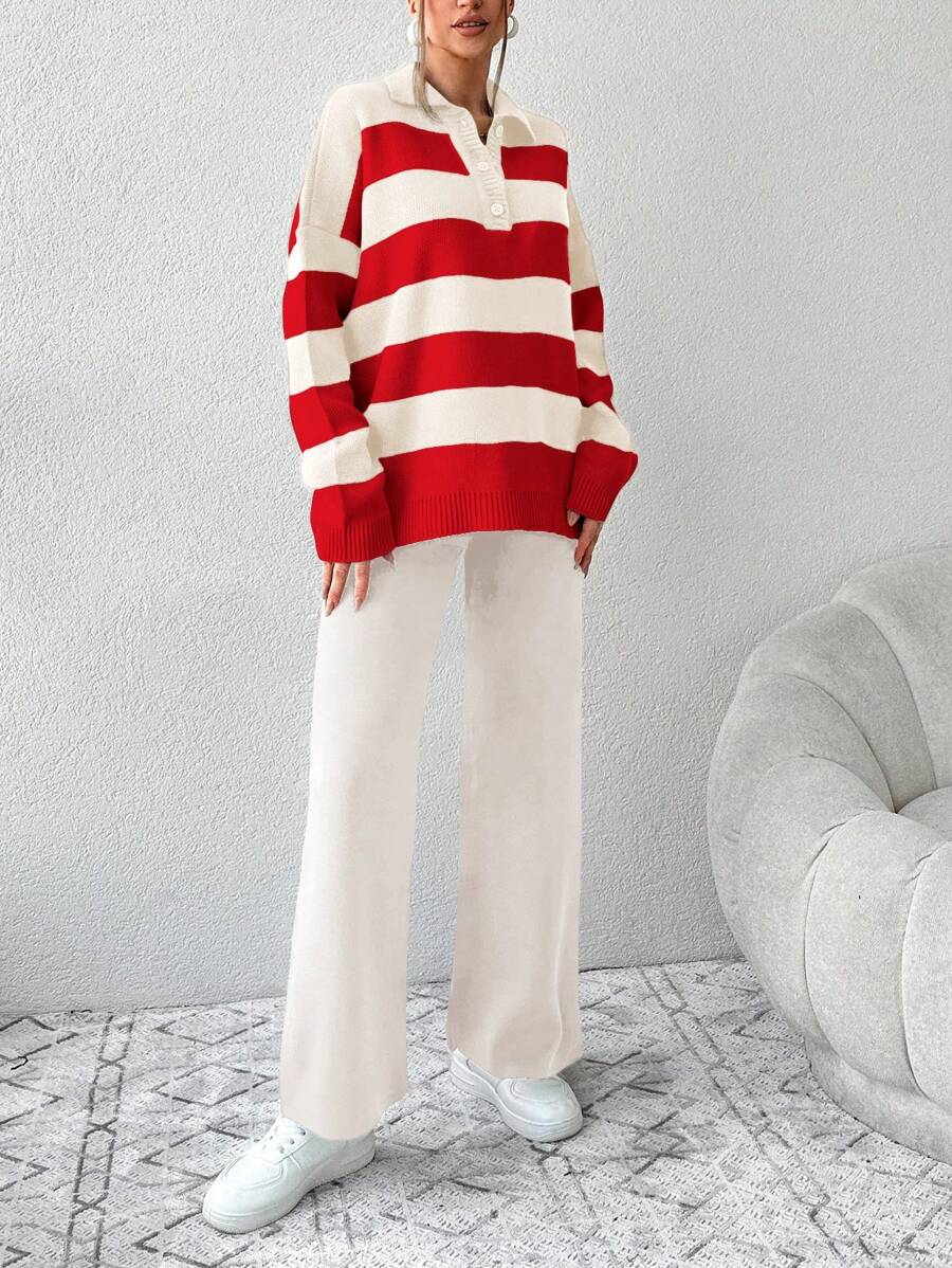 Ensemble Tricot Rayé À Moitié Boutonné Et Pantalon À Jambes Larges - Floorah