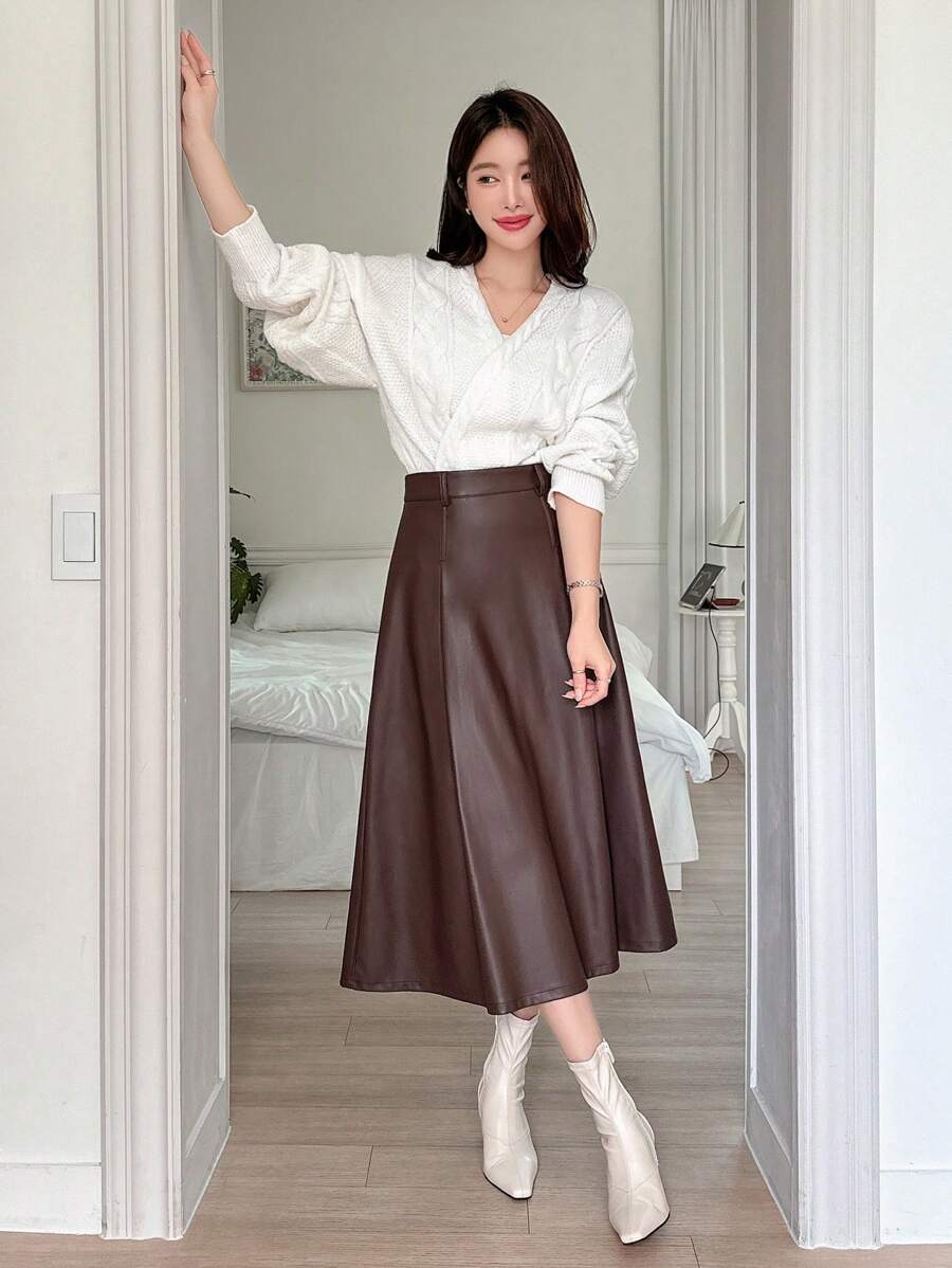 Jupe en cuir PU élégante de couleur unie pour le bureau et les déplacements - Floorah