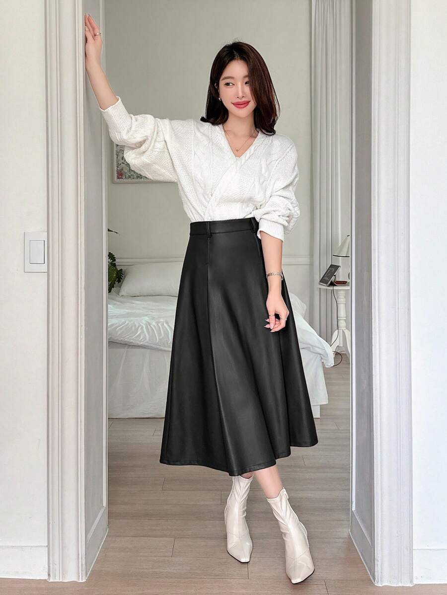 Jupe en cuir PU élégante de couleur unie pour le bureau et les déplacements - Floorah