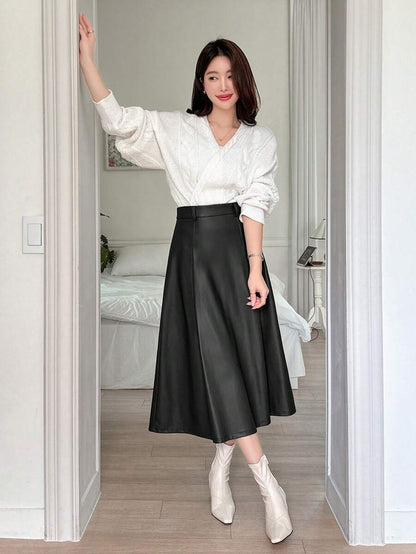 Jupe en cuir PU élégante de couleur unie pour le bureau et les déplacements - Floorah