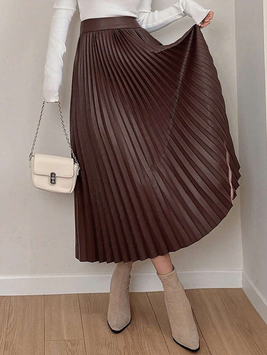 Jupe plissée en cuir PU de couleur unie - Floorah