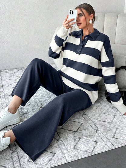 Ensemble Tricot Rayé À Moitié Boutonné Et Pantalon À Jambes Larges - Floorah