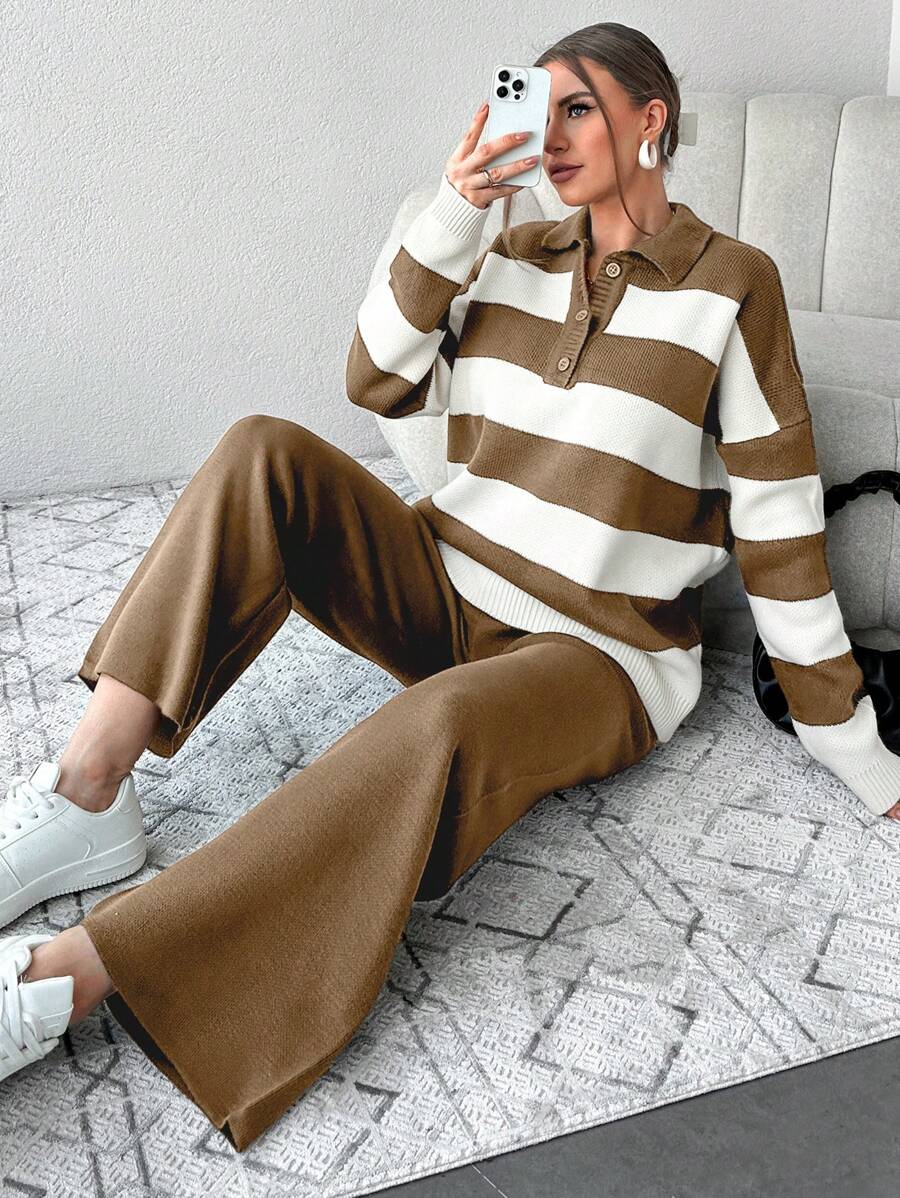 Ensemble Tricot Rayé À Moitié Boutonné Et Pantalon À Jambes Larges - Floorah