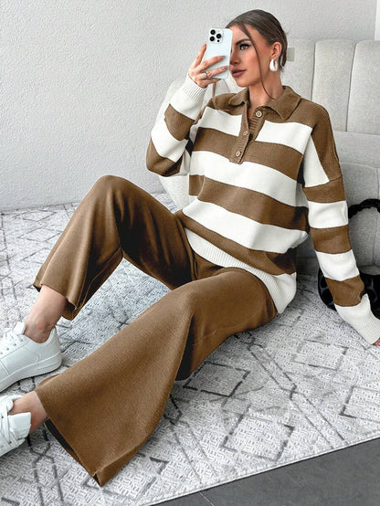 Ensemble Tricot Rayé À Moitié Boutonné Et Pantalon À Jambes Larges - Floorah