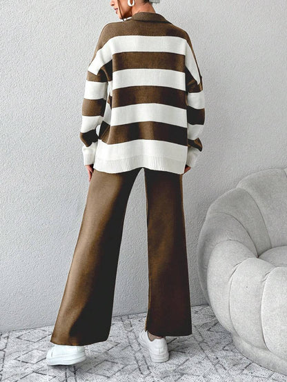 Ensemble Tricot Rayé À Moitié Boutonné Et Pantalon À Jambes Larges - Floorah