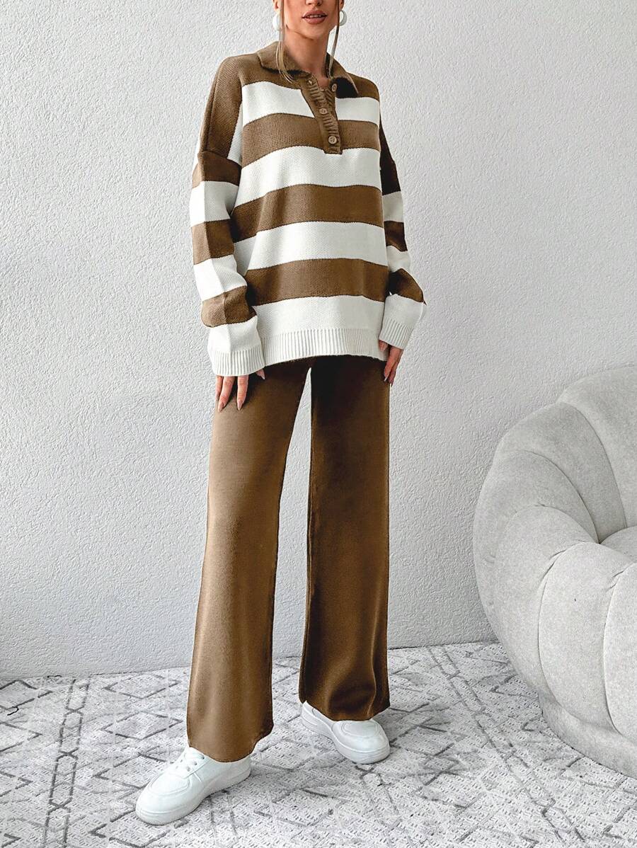 Ensemble Tricot Rayé À Moitié Boutonné Et Pantalon À Jambes Larges - Floorah