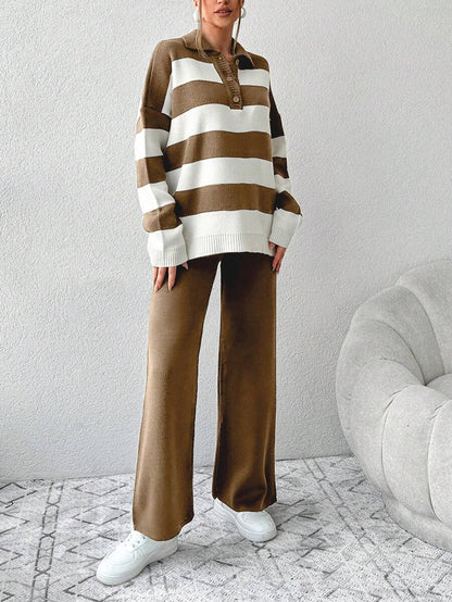 Ensemble Tricot Rayé À Moitié Boutonné Et Pantalon À Jambes Larges - Floorah