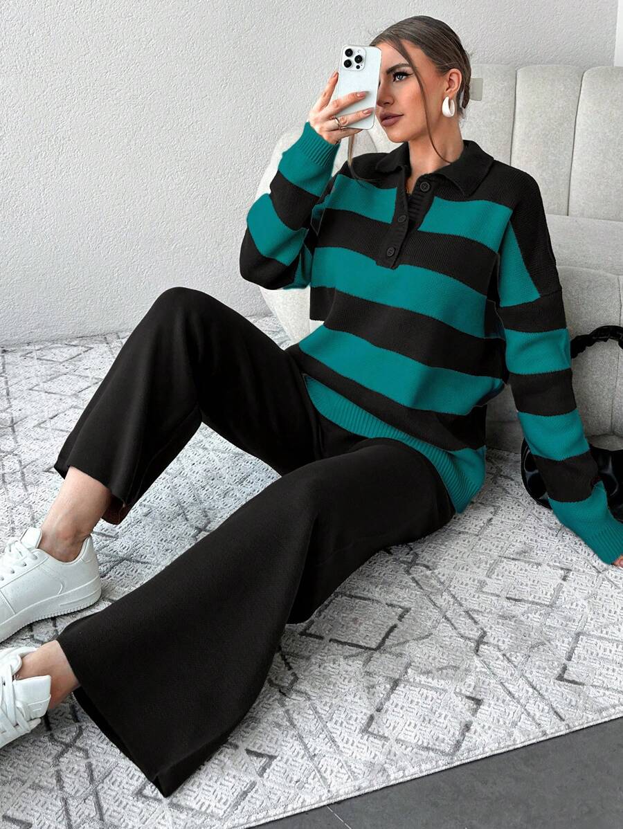 Ensemble Tricot Rayé À Moitié Boutonné Et Pantalon À Jambes Larges - Floorah