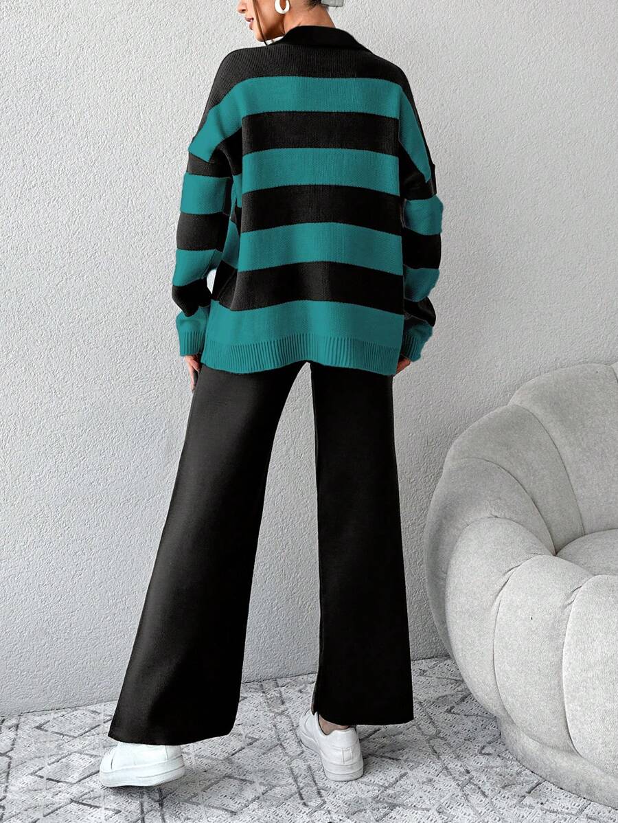 Ensemble Tricot Rayé À Moitié Boutonné Et Pantalon À Jambes Larges - Floorah