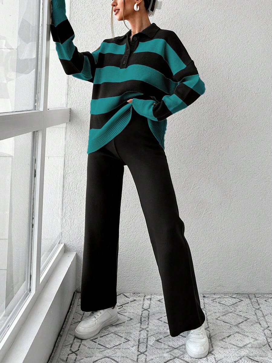 Ensemble Tricot Rayé À Moitié Boutonné Et Pantalon À Jambes Larges - Floorah