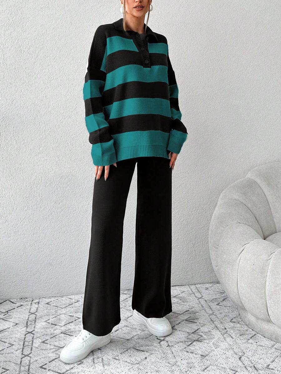 Ensemble Tricot Rayé À Moitié Boutonné Et Pantalon À Jambes Larges - Floorah