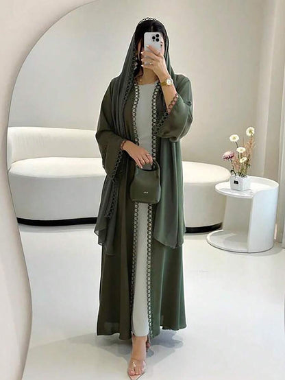 Ensemble abaya ouvert avec bordure en dentelle - Floorah