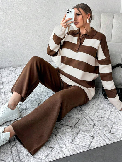 Ensemble Tricot Rayé À Moitié Boutonné Et Pantalon À Jambes Larges - Floorah