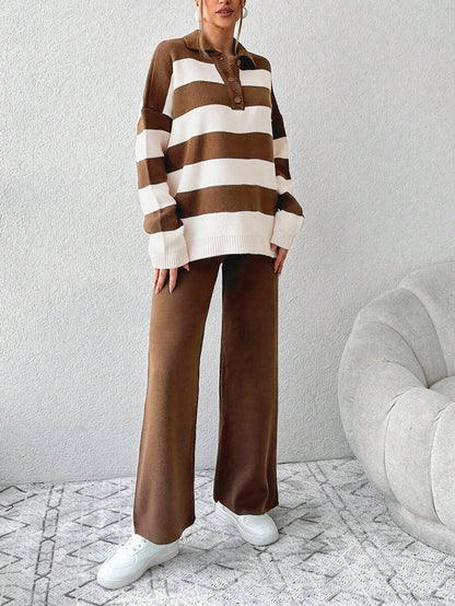 Ensemble Tricot Rayé À Moitié Boutonné Et Pantalon À Jambes Larges - Floorah
