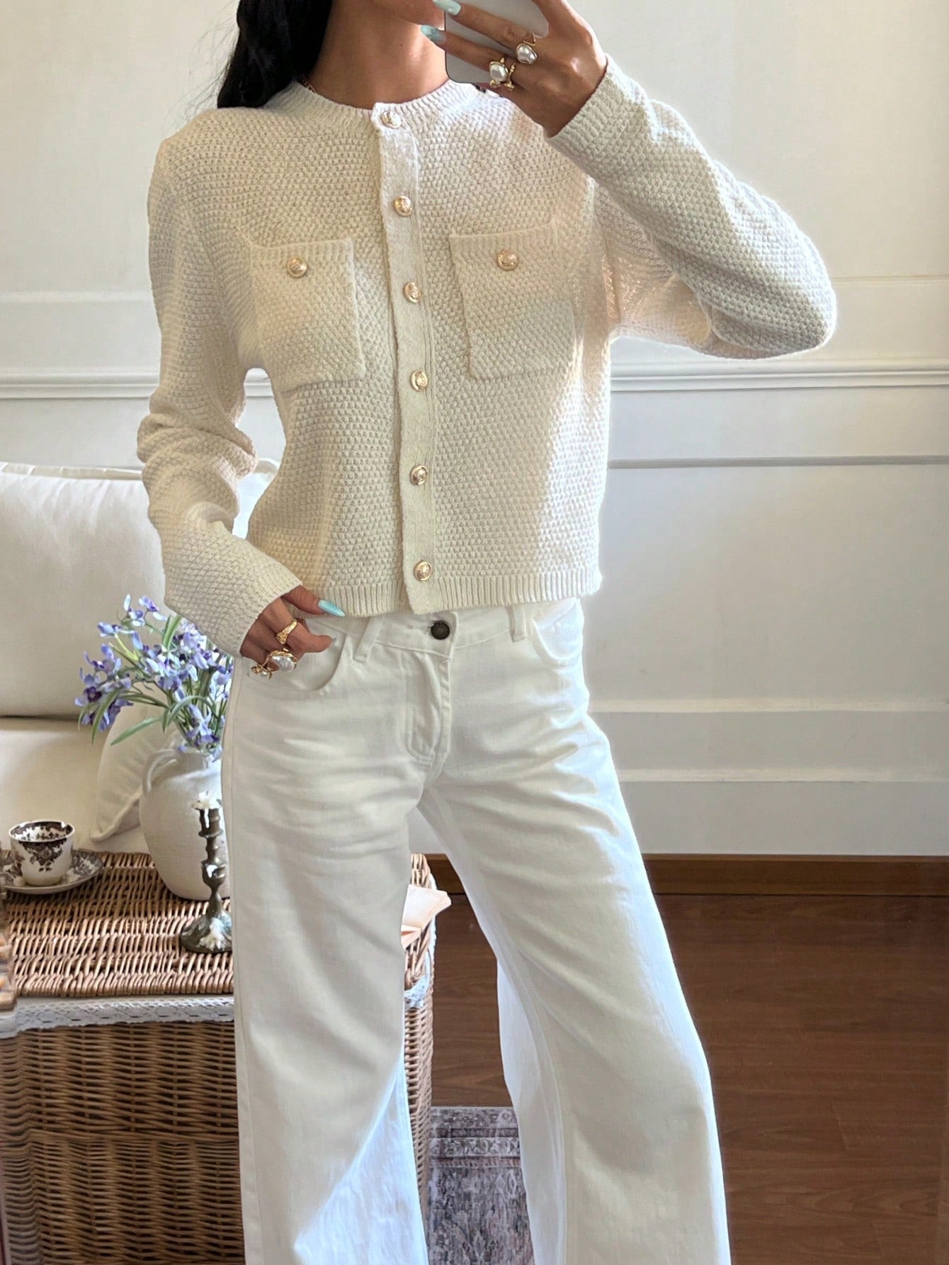 Élégant cardigan tricoté à col rond, manches longues - Floorah