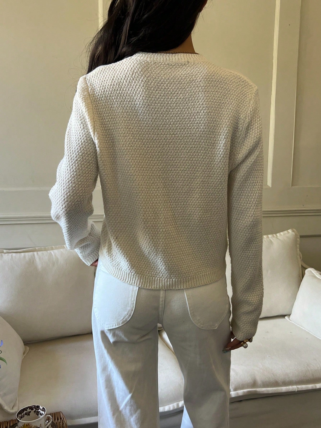 Élégant cardigan tricoté à col rond, manches longues - Floorah