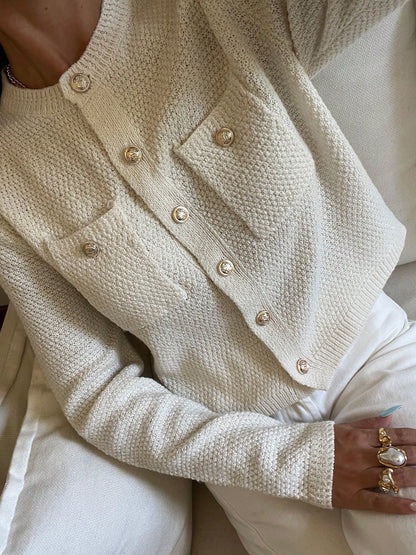 Élégant cardigan tricoté à col rond, manches longues - Floorah